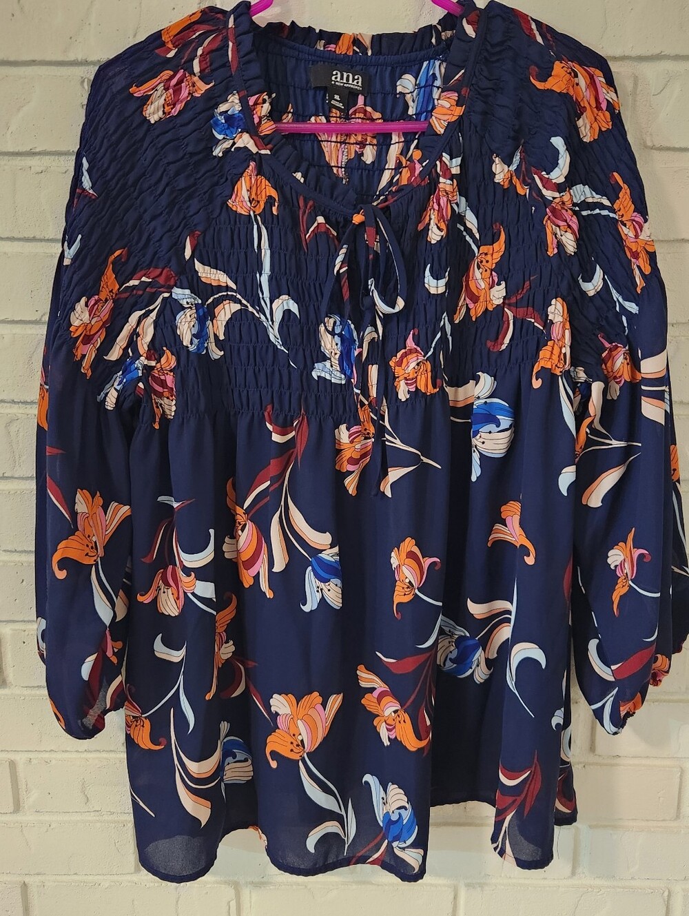 a.n.a Navy Floral Tie-Neck Peasant Top with Orange & Blue Accents XL